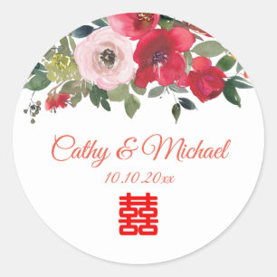 Sticker Rond Mariage chinois moderne floral aquarelle rose roug