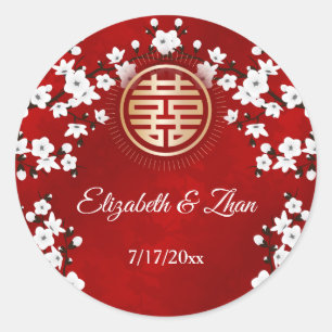Sticker Rond Mariage chinois rouge à fleurs de cerisier blanc