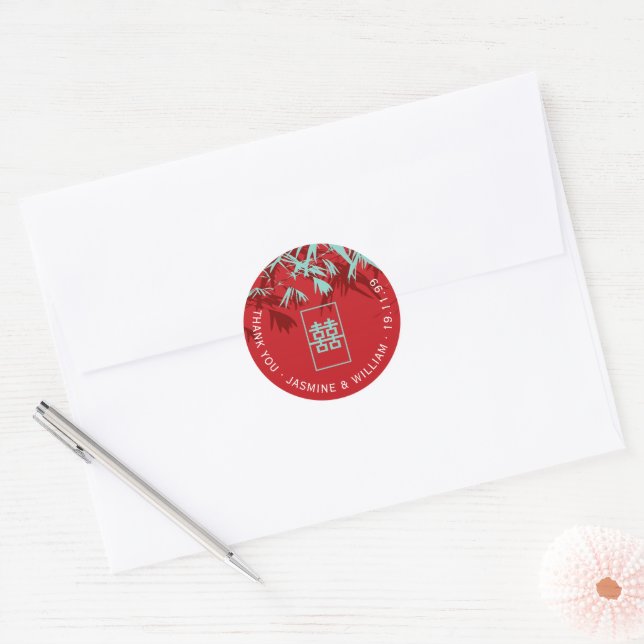Sticker Rond Mariage chinois Shuang Xi Feuille Aqua & Red Bambo (Enveloppe)