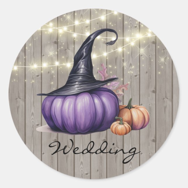 Sticker Rond Mariage Citrouille rustique violet en bois (Devant)