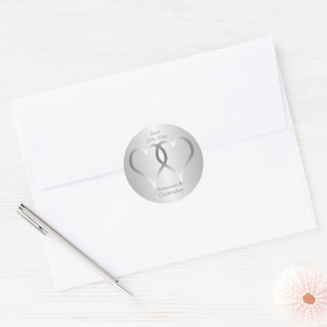 Sticker rond mariage classique Coeurs d'argent (Enveloppe)