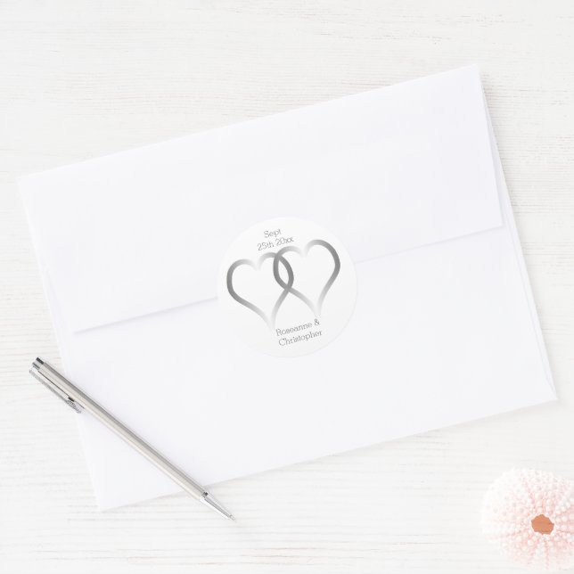 Sticker rond mariage classique Coeurs d'argent (Enveloppe)