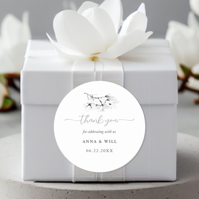 Sticker Rond Mariage classique Magnolia Noir Blanc Floral Favor (Floral Wedding Sticker Ivory Magnolia Modern Classic Simple Elegant Bohemian)