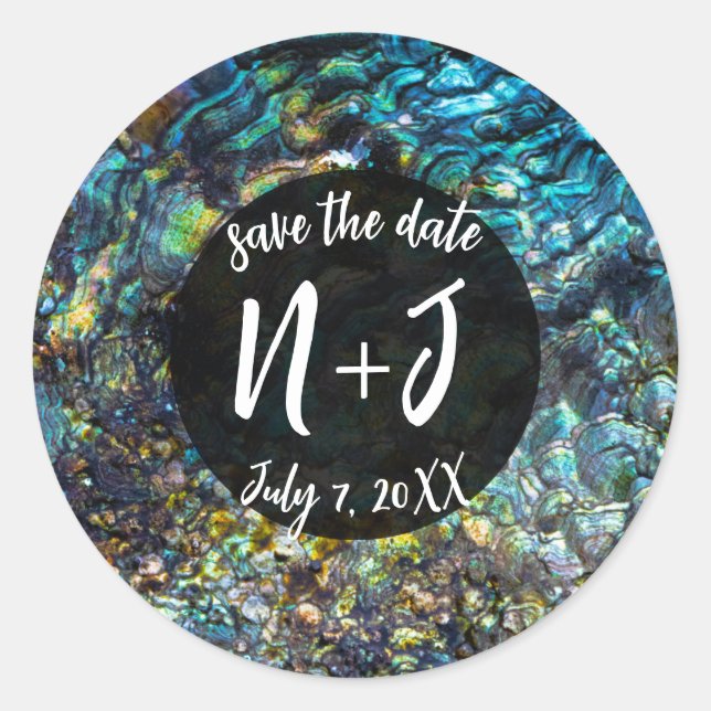 Sticker Rond Mariage Coquille d'Abalone Iridescente Arc-en-ciel (Devant)