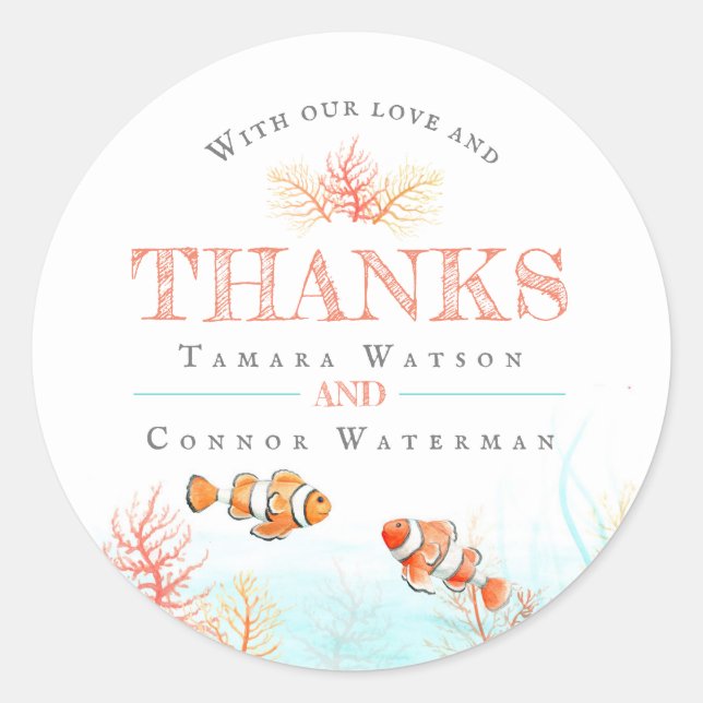 Sticker Rond Mariage corail tropical poisson aquarelle merci (Devant)