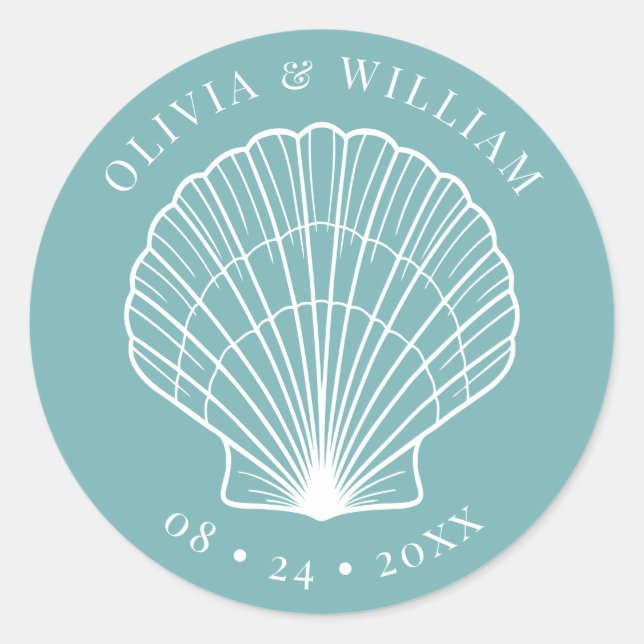 Sticker Rond Mariage côtier Turquoise clair Blue Seashell Beach (Devant)
