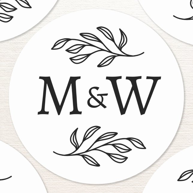 Sticker Rond Mariage Couple Monogramme Élégant Botanique (Wedding couple monogram initials personalized botanical stickers)