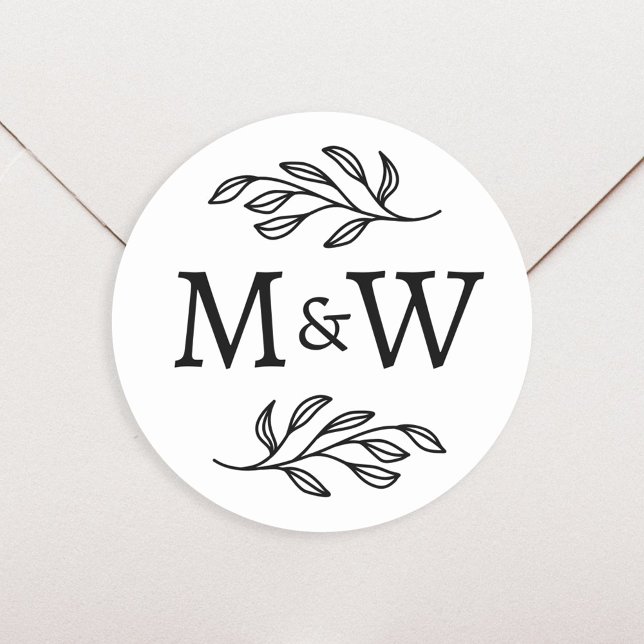 Sticker Rond Mariage Couple Monogramme Élégant Botanique (Modern wedding couple monogram initials personalized stationery envelope seal stickers)
