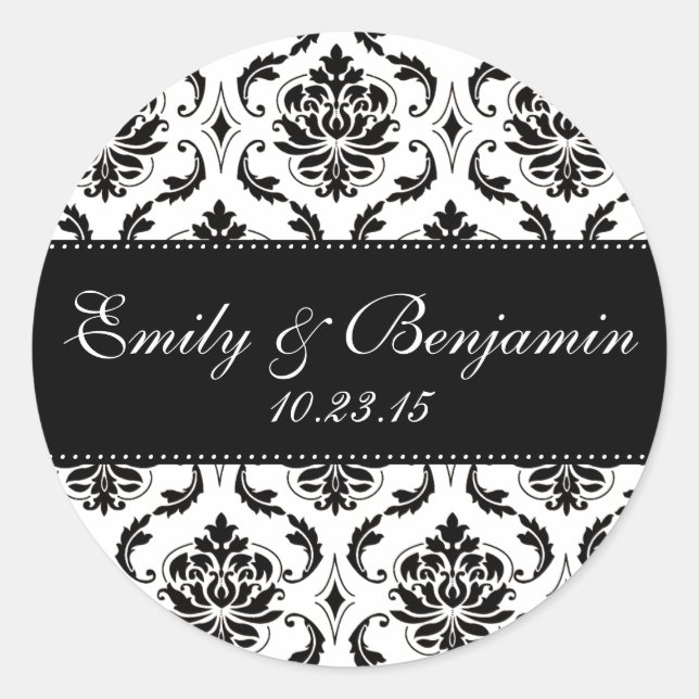 Sticker Rond Mariage damassé blanc et noir Favoriser (Devant)