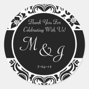 Sticker Rond Mariage damassé florale noire et blanche Favoriser