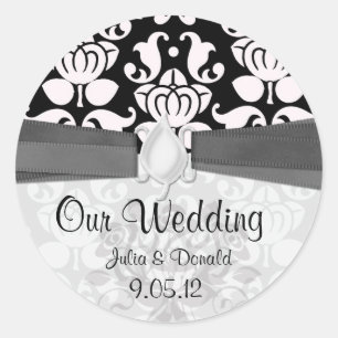 Sticker Rond mariage damassé noir et blanc à flourish