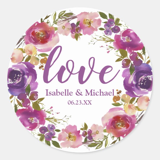 Sticker Rond Mariage d'amour personnalisé Purple Floral Wreath (Devant)