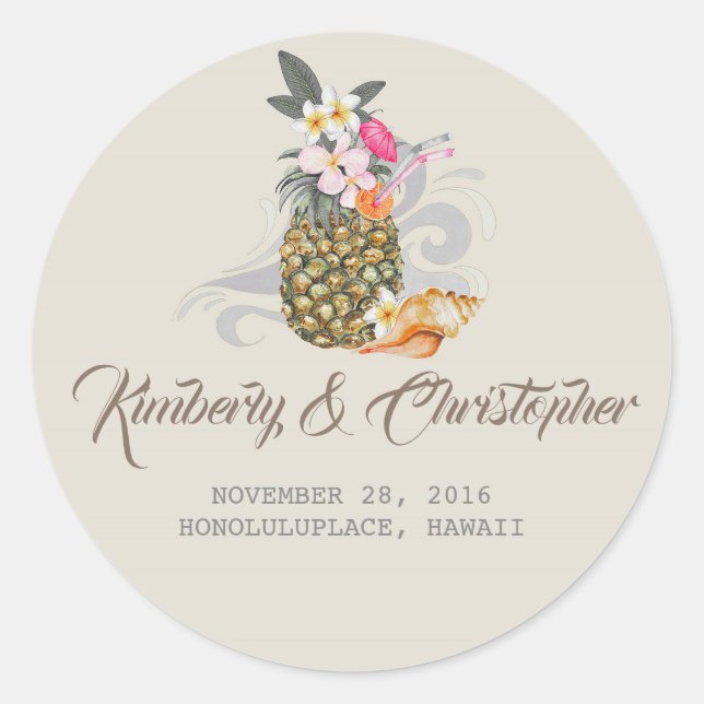 Sticker Rond Mariage d'ananas de plage tropical (Devant)