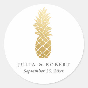 Sticker Rond Mariage d'ananas Tropical Elegance Faux Gold Foil