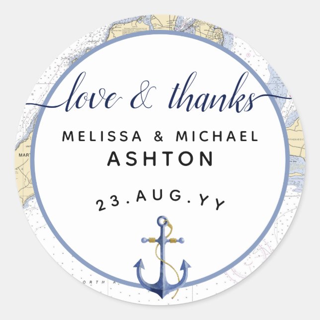 Sticker Rond Mariage d'Ancre du graphique nautique Merci / évén (Devant)