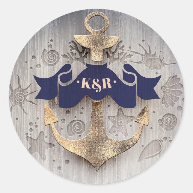 Sticker Rond Mariage d'Ancres nautiques de marine et d'or (Devant)