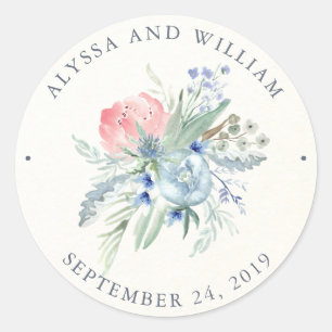 Sticker Rond Mariage d'aquarelle bleu et rose Peony