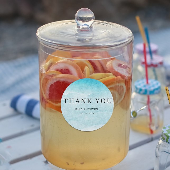 Sticker Rond Mariage d'aquarelle bleu moderne vous remercie (Créateur téléchargé)