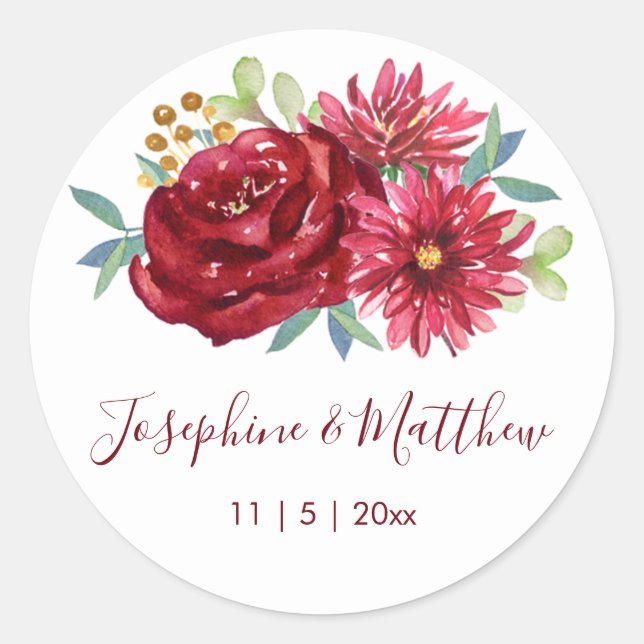 Sticker Rond Mariage d'aquarelle Bourgogne (Devant)