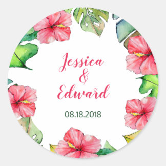 Sticker Rond Mariage d'aquarelle de Feuilles tropicaux