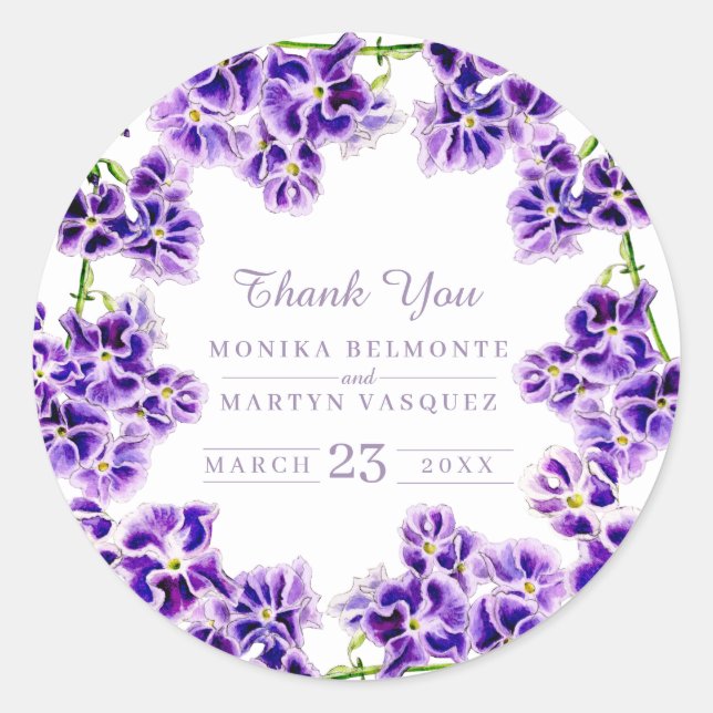 Sticker Rond Mariage d'aquarelle de fleurs violettes merci (Devant)