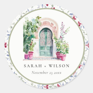Sticker Rond Mariage d'aquarelle de porte marocaine tropicale