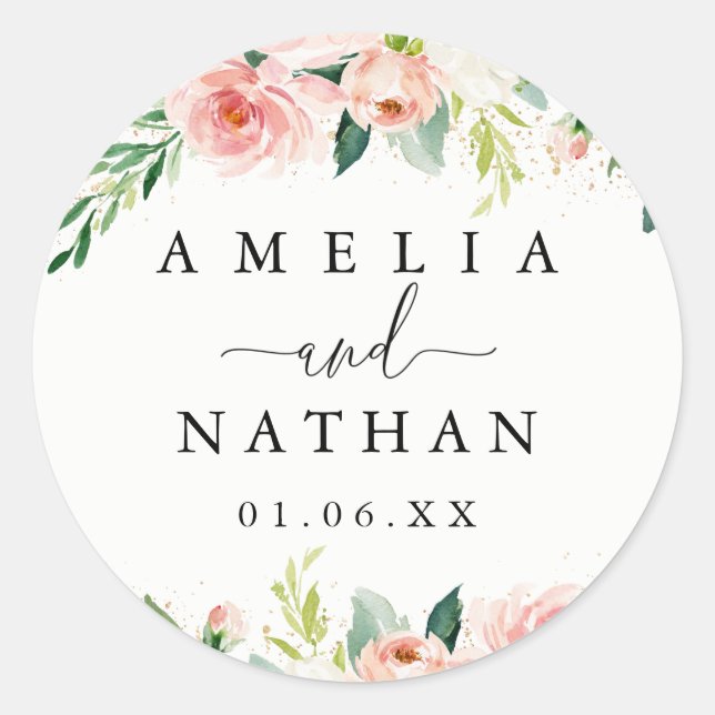Sticker Rond Mariage d'aquarelle florale de broyage doré (Devant)