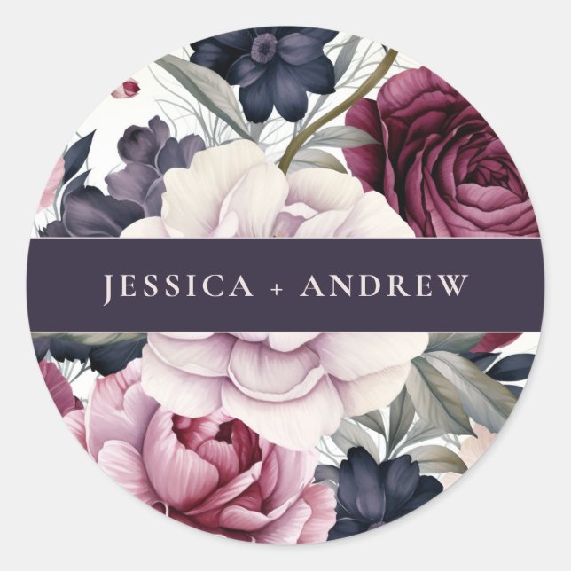 Sticker Rond Mariage d'aquarelle florale de prune bordeaux (Devant)