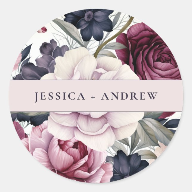 Sticker Rond Mariage d'aquarelle florale de prune bordeaux (Devant)