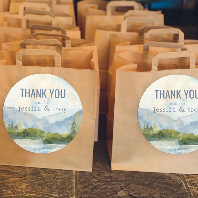 Sticker Rond Mariage d'aquarelle Mountain Lake Merci (Créateur téléchargé)