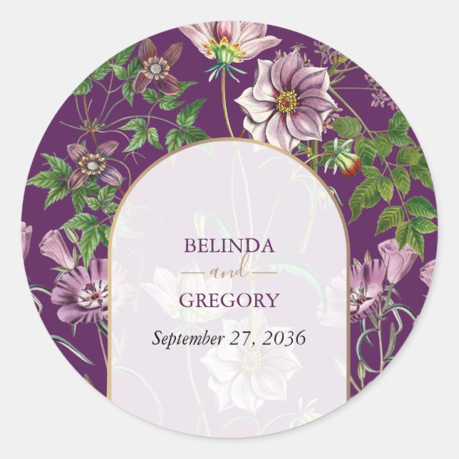 Sticker Rond Mariage d'arc doré fleuri violet (Devant)