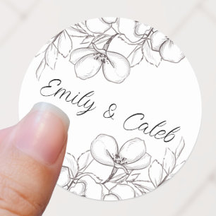 Sticker Rond Mariage d'art de la ligne florale noire et blanche