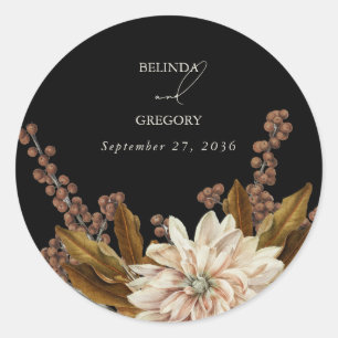 Sticker Rond Mariage d'automne à l'aquarelle noire florale d'au
