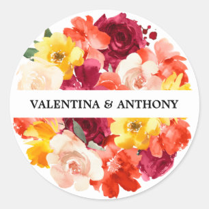 Sticker Rond Mariage d'automne floral rose orange Bourgogne