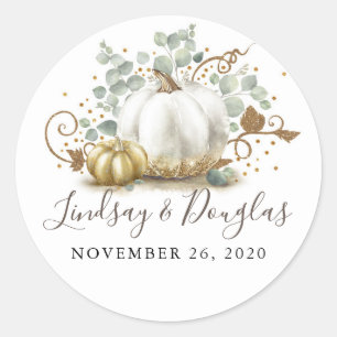 Sticker Rond Mariage de automne Citrouille or et blanc