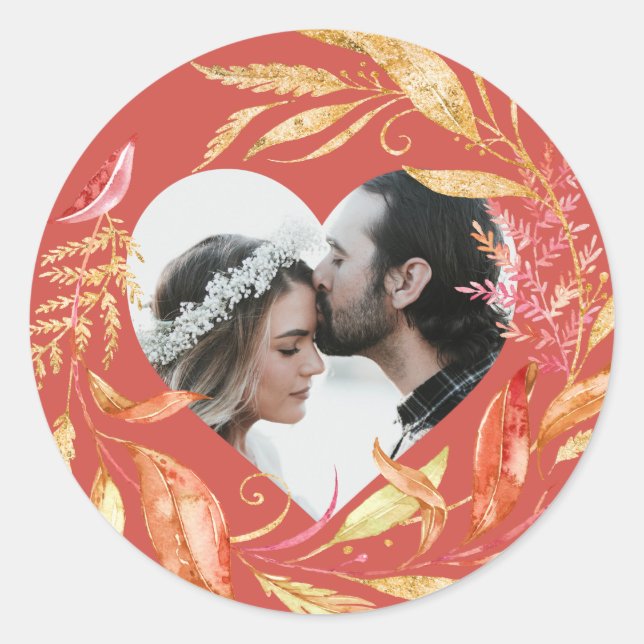 Sticker Rond Mariage de automne Foliage Coeur Photo Antique Whi (Devant)