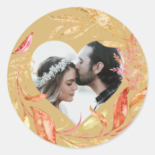 Sticker Rond Mariage de automne Foliage Coeur Photo Or Jaune