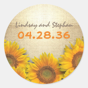 Sticker Rond Mariage de Burlap de tournesol rustique