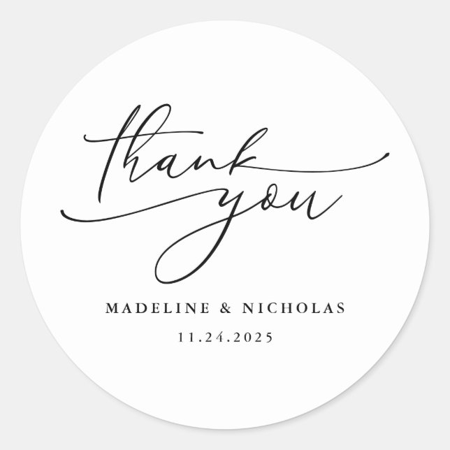Sticker Rond Mariage de calligraphie noir et blanc Merci (Devant)