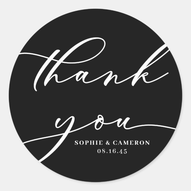 Sticker Rond Mariage de calligraphie noir et blanc Merci (Devant)