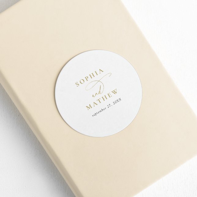 Sticker Rond Mariage de calligraphie or blanc moderne (Créateur téléchargé)