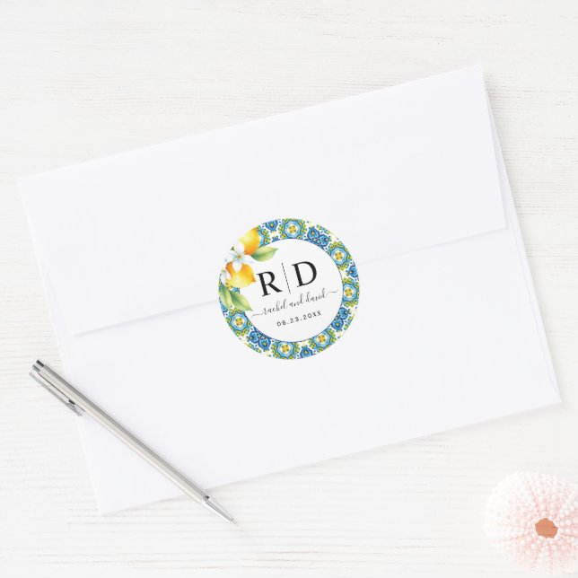 Sticker Rond Mariage de carreaux et citrons méditerranéens (Enveloppe)