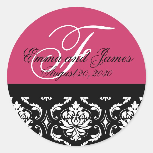 Sticker Rond Mariage de commande personnalisé Monogram Fushia # (Devant)