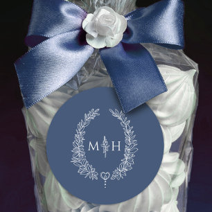 Sticker Rond Mariage de couronne ovale monogramme bleu blanc