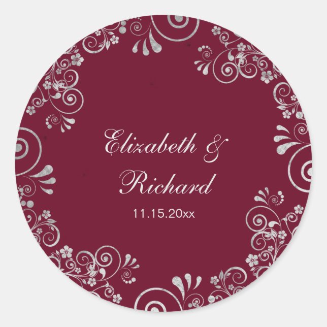 Sticker Rond Mariage de couronnes florales argentées en Bourgog (Devant)