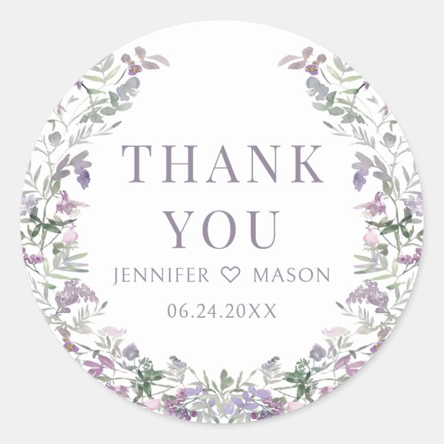 Sticker Rond Mariage de couronnes florales pourpres Boho merci (Devant)