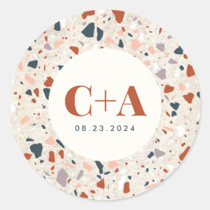 Sticker Rond Mariage de dalle Terrazzo Monogramme et date