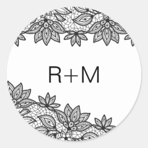 Sticker Rond Mariage de dentelle romantique noir et blanc Monog