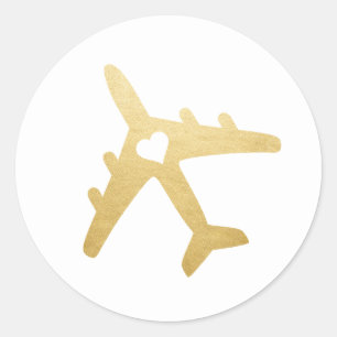 Sticker Rond Mariage de destination Avion Cœur Or