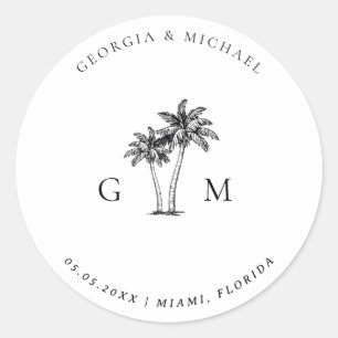 Sticker Rond Mariage de Destination Tropical Monogramme Palmier
